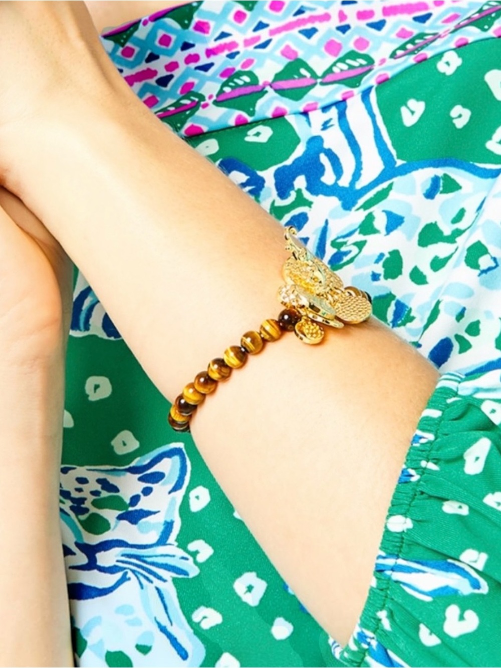 NEW Lilly Pulitzer Tigers Eye Beaded Stretch Animal Crystal Charms Bracelet NWT
